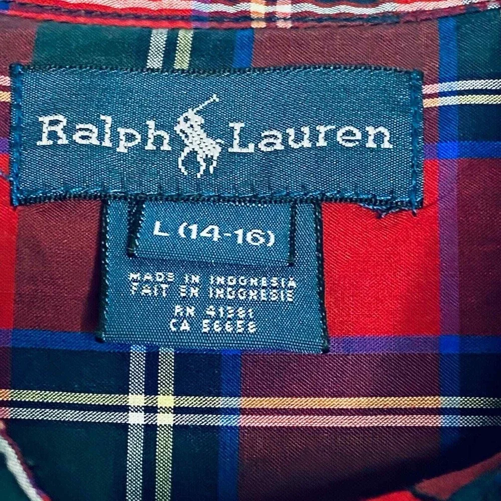 Ralph Lauren Button Down Boys L‎ 14-16 Red Tartan Plaid Long Sleeve Shirt Prep